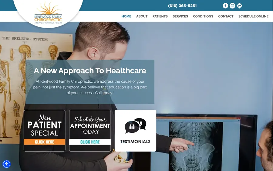 The old Kentwood Family Chiropractic website: a generic template hero reading A New Approach To Healthcare with stock click-here buttons.