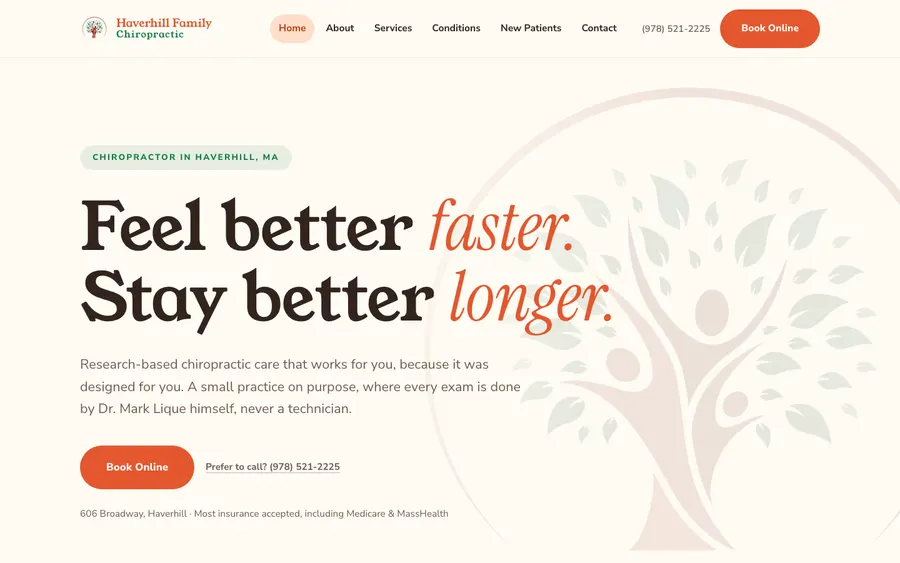 Haverhill Family Chiropractic's live homepage, a custom chiropractic website designed by PracticeFlux