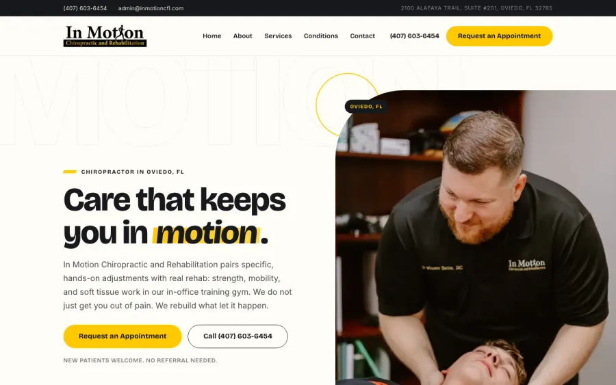 In Motion Chiropractic and Rehabilitation's live homepage, a custom chiropractic website designed by PracticeFlux