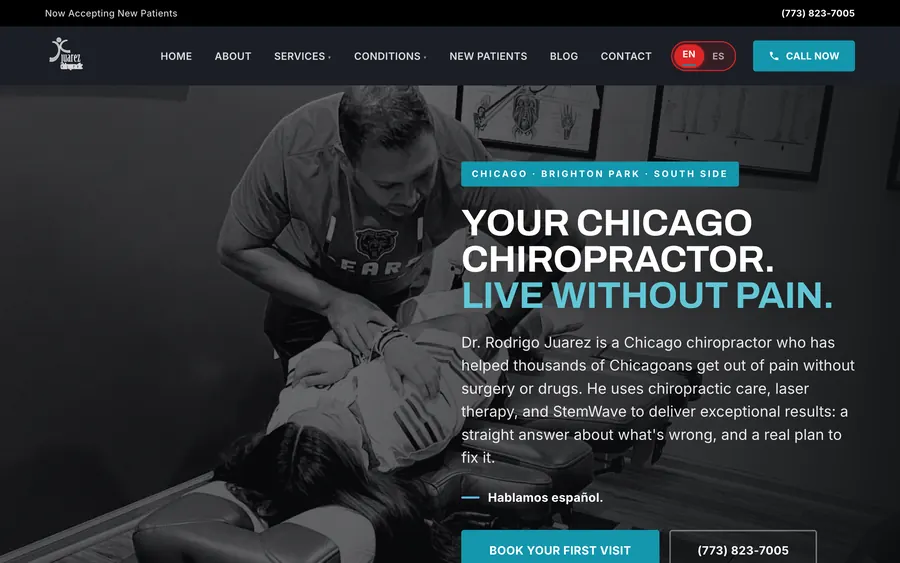 Juarez Chiropractic's live homepage, a custom chiropractic website designed by PracticeFlux