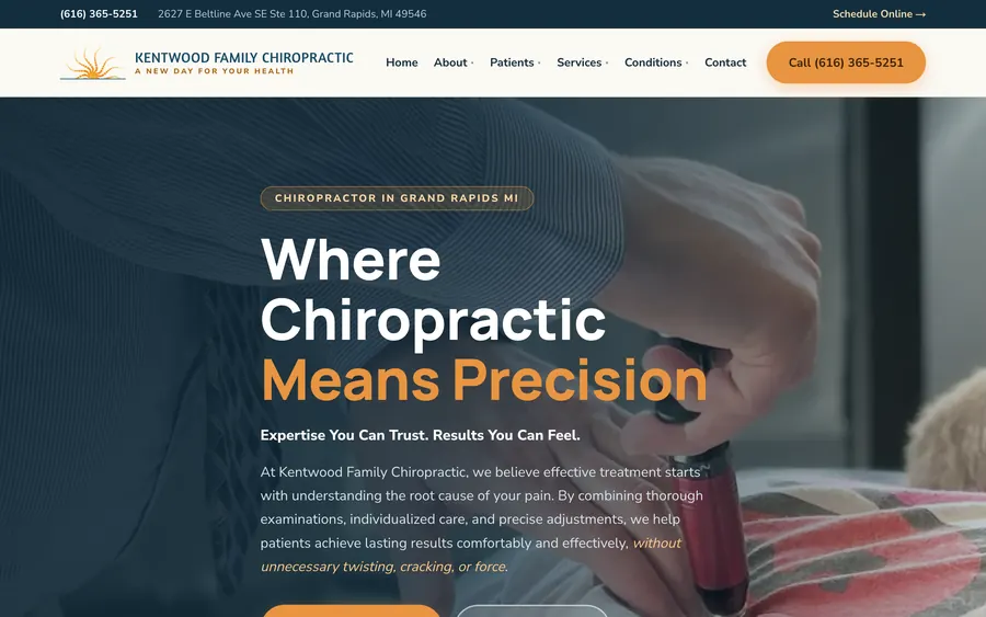 Kentwood Family Chiropractic's live homepage, a custom chiropractic website designed by PracticeFlux